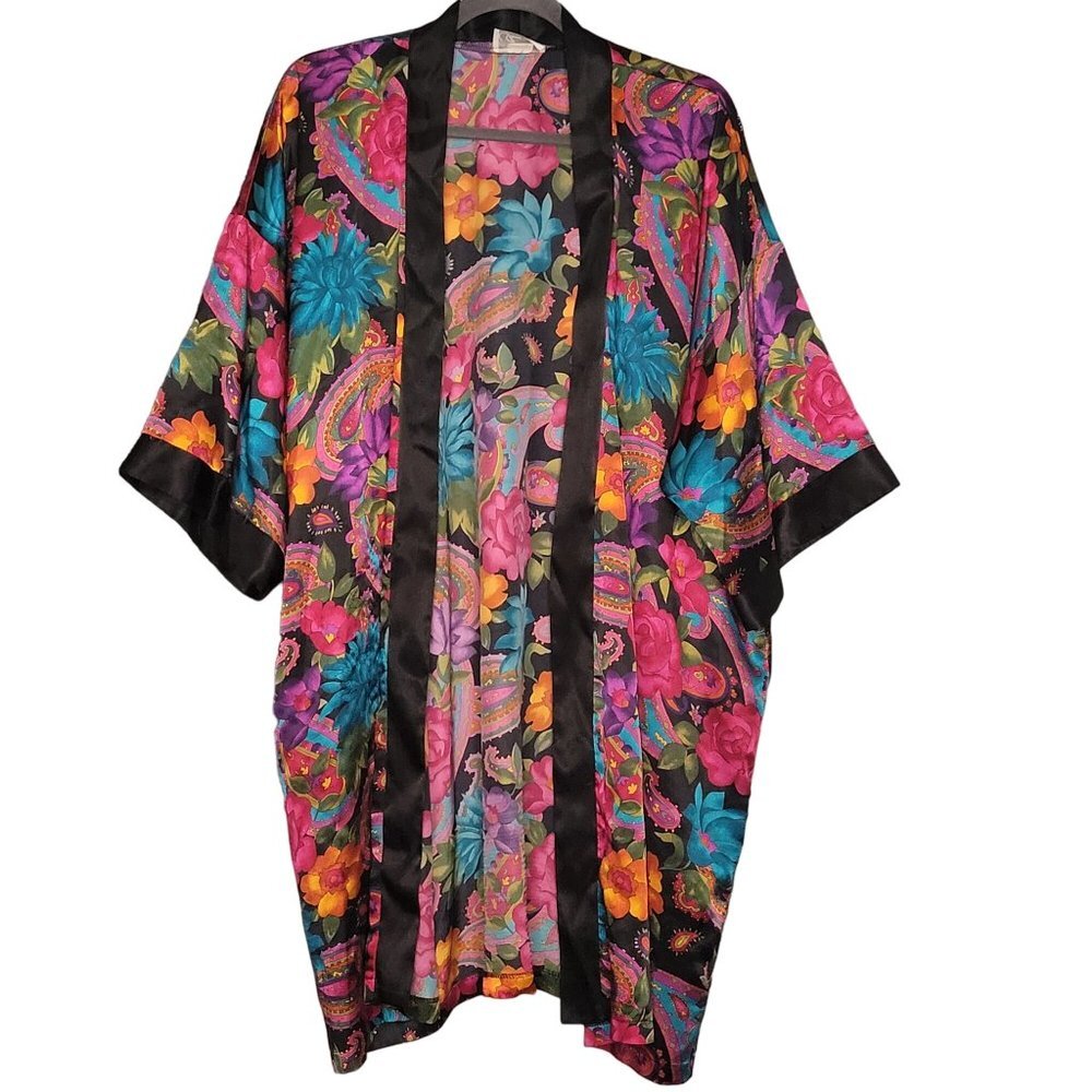 Vintage Satin Women's One Size Kimono Robe Bold Floral Black Pink Blue Yellow No